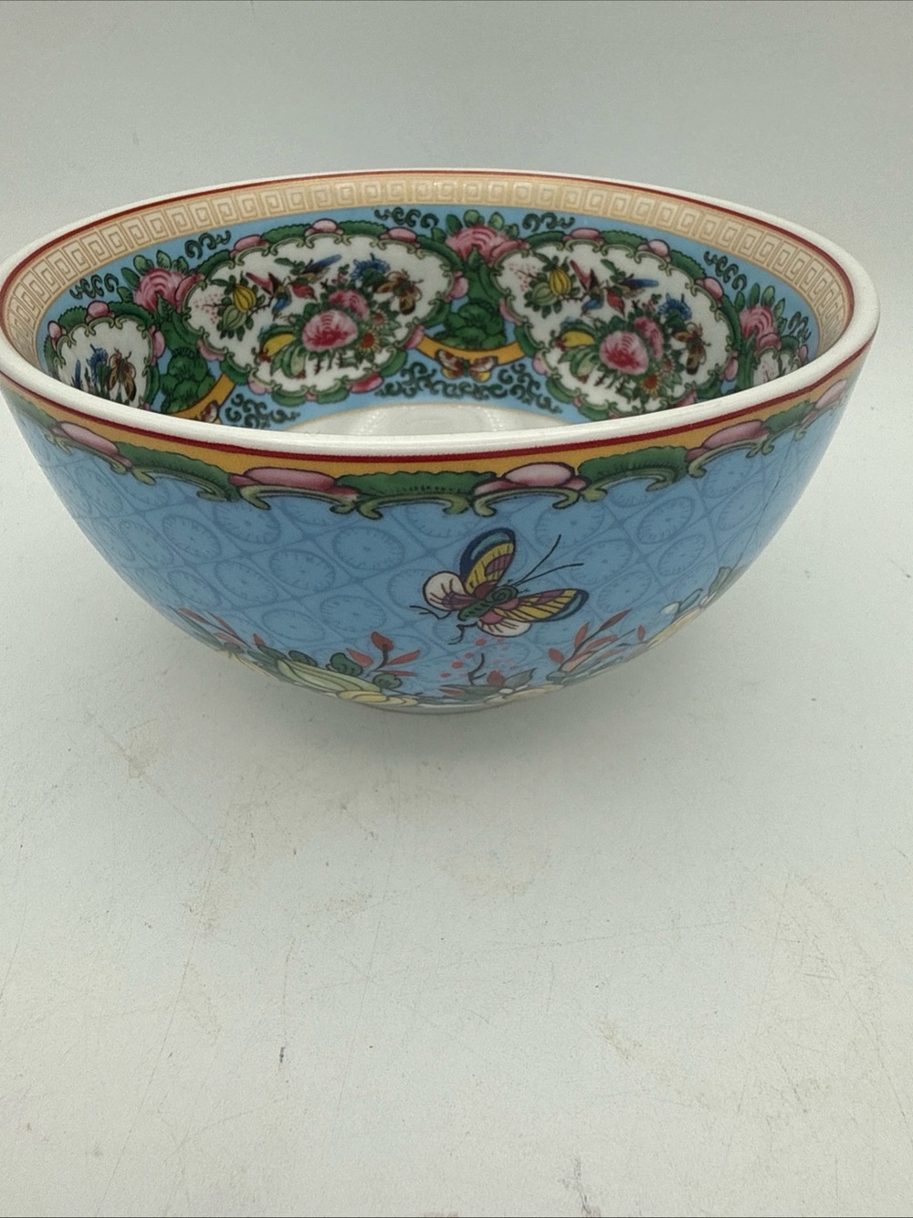 Williams Sonoma Blue Floral Butterfly Ceramic Bowl